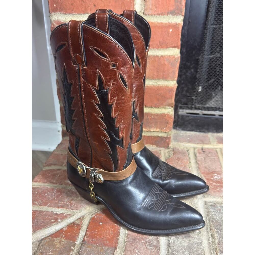 Vintage Code West Cowboy Boots Black Brown Two Tone Leather USA Men’s 7.5